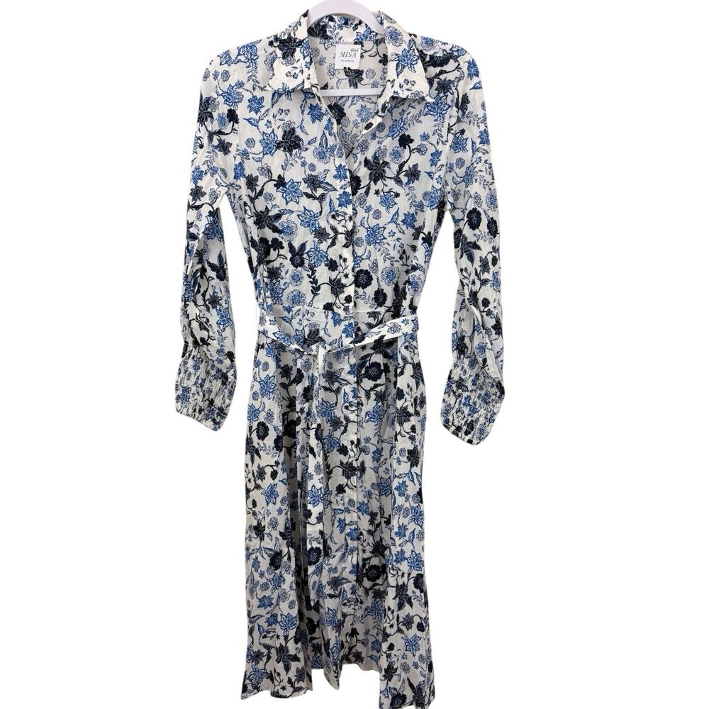 MISA Los Angeles Midi Dress Sz Small Bettina Menara Petals White Blue Belted